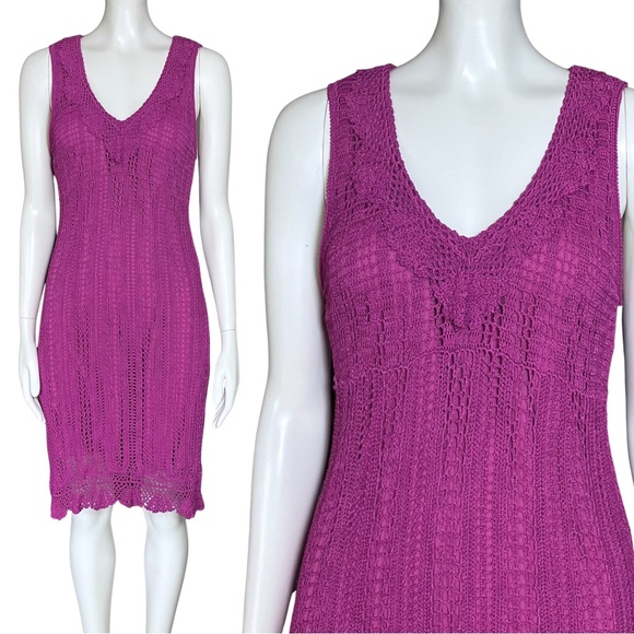 Vintage Dresses & Skirts - Vintage 90s Y2K Magenta Crochet Midi Dress. Medium. Cottagecore Festival Boho